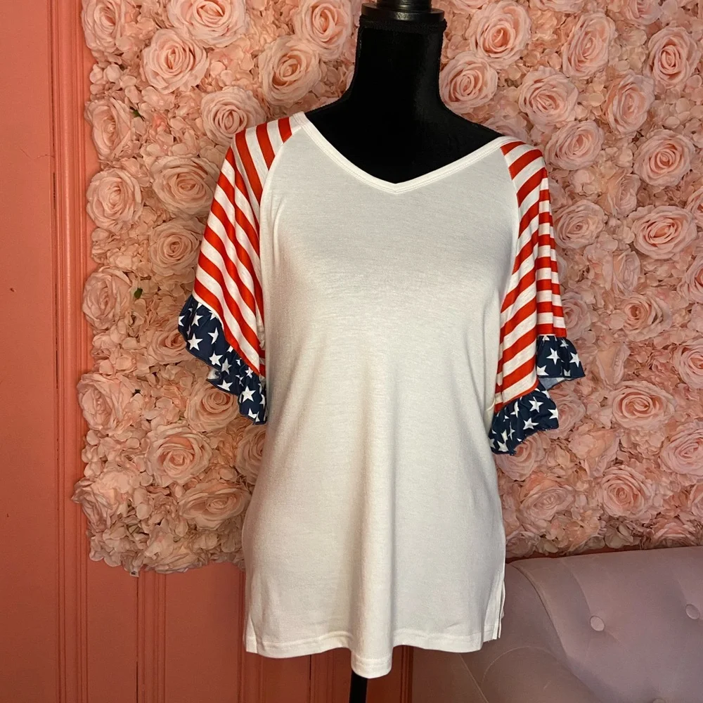 American flag stripe ruffle shoulder shirt - Picture 1 of 4